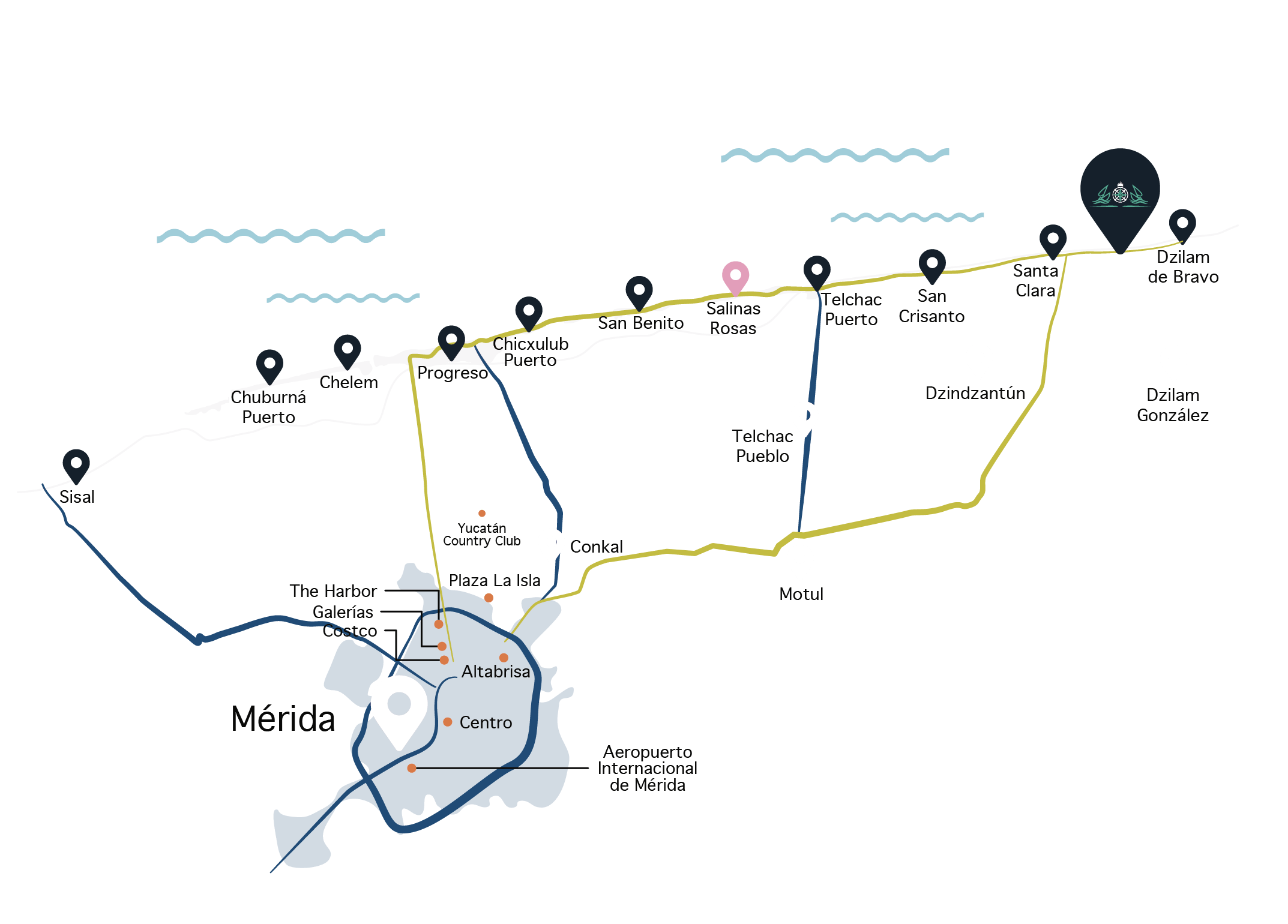 Mapa de la costa de Yucatán con la ubicación de Navire en Santa Clara